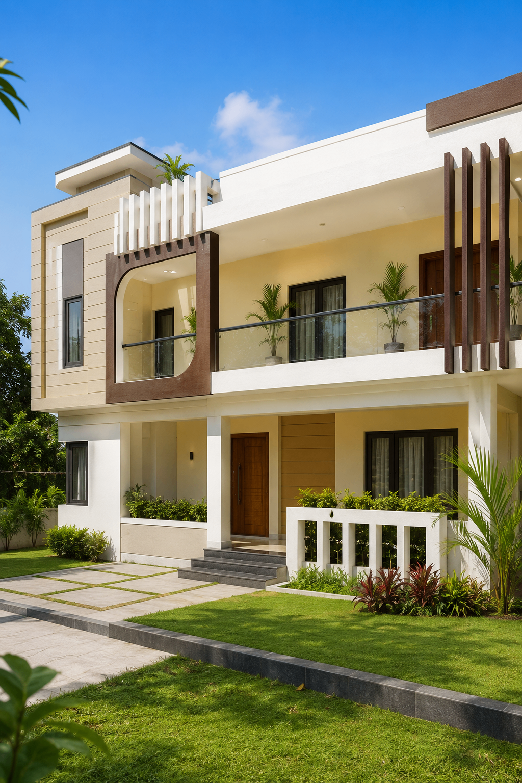 Modern Indian house exterior with blue sky