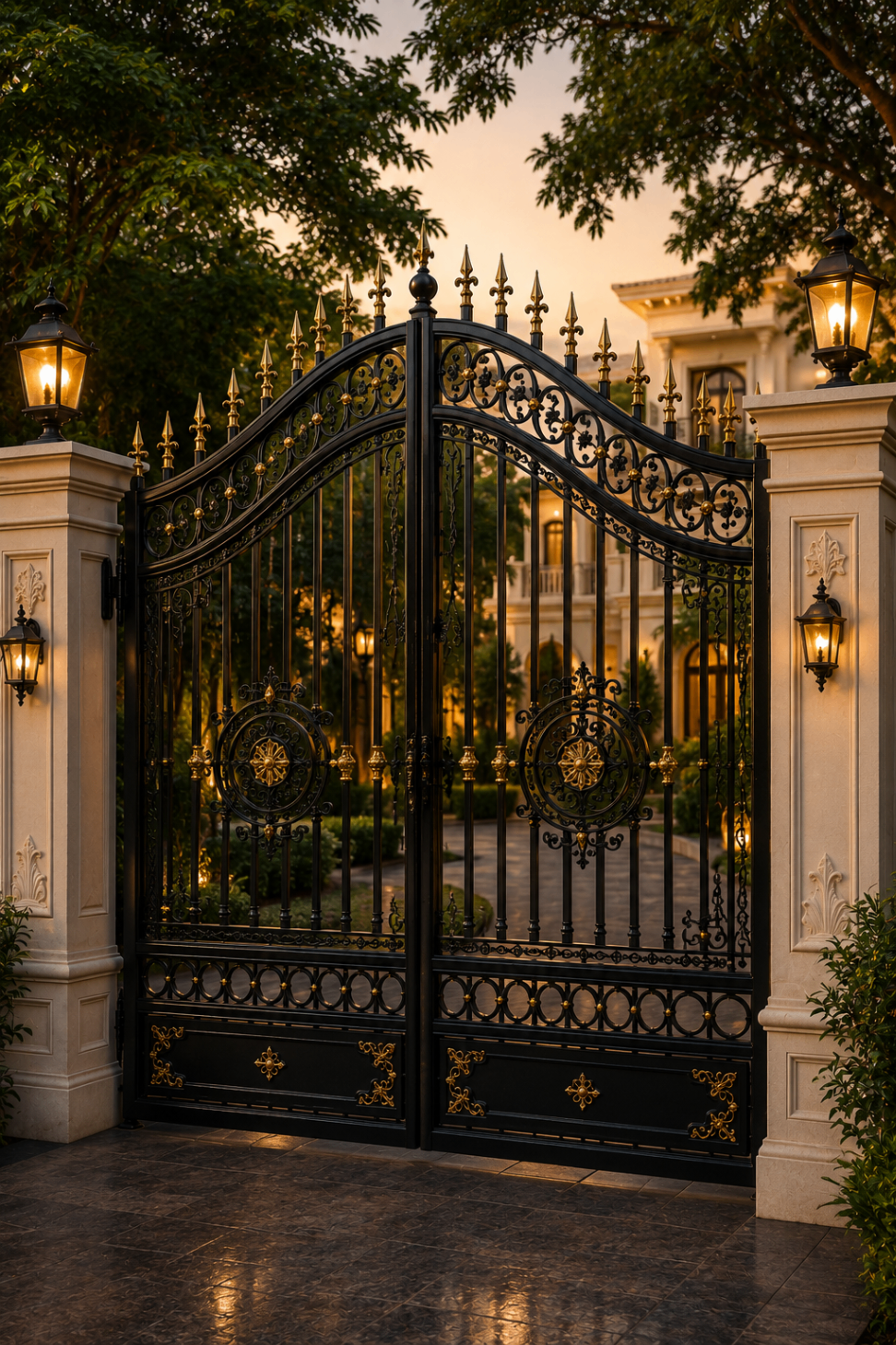 Grand ornate black gate in golden evening light