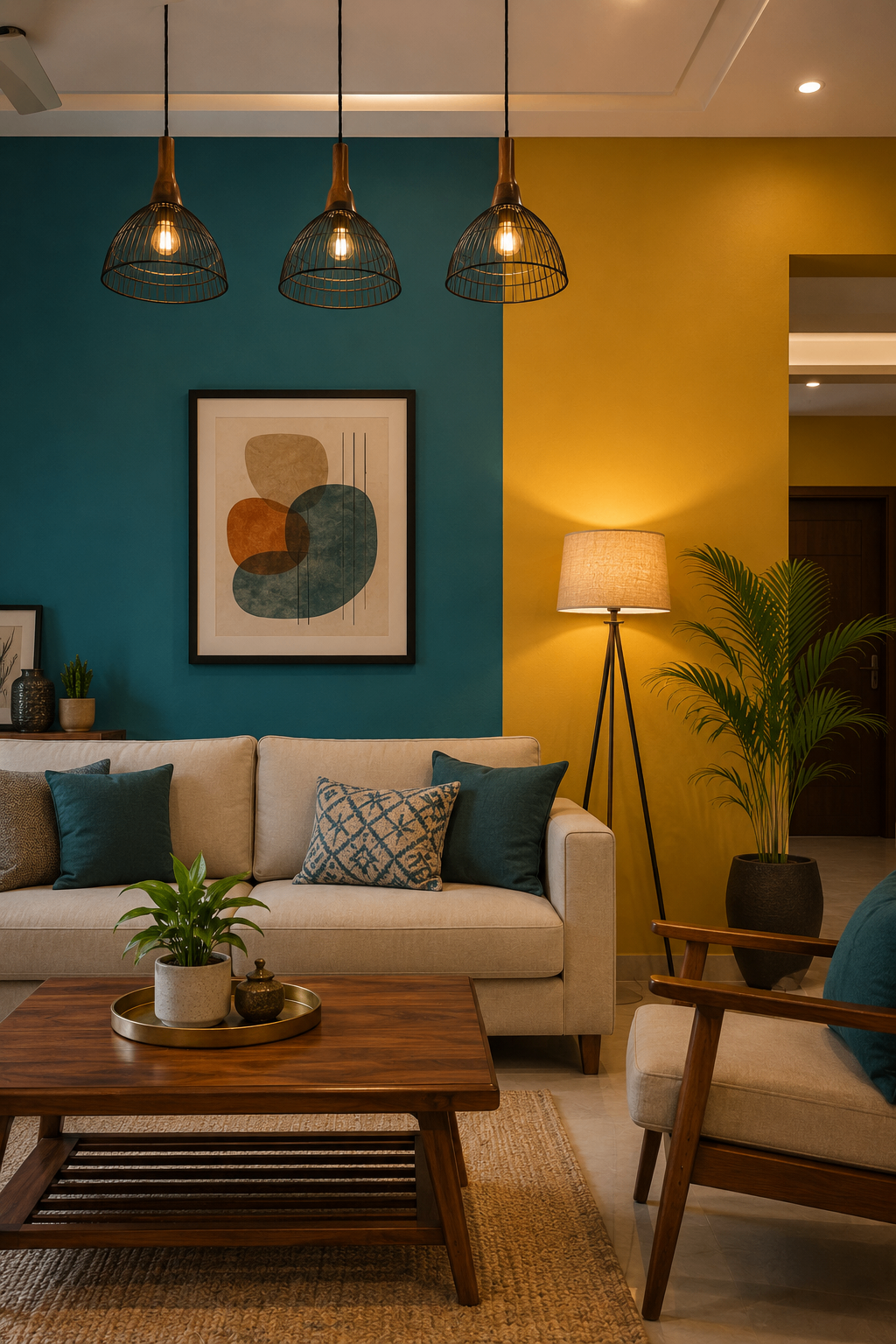 Teal and yellow living room walls