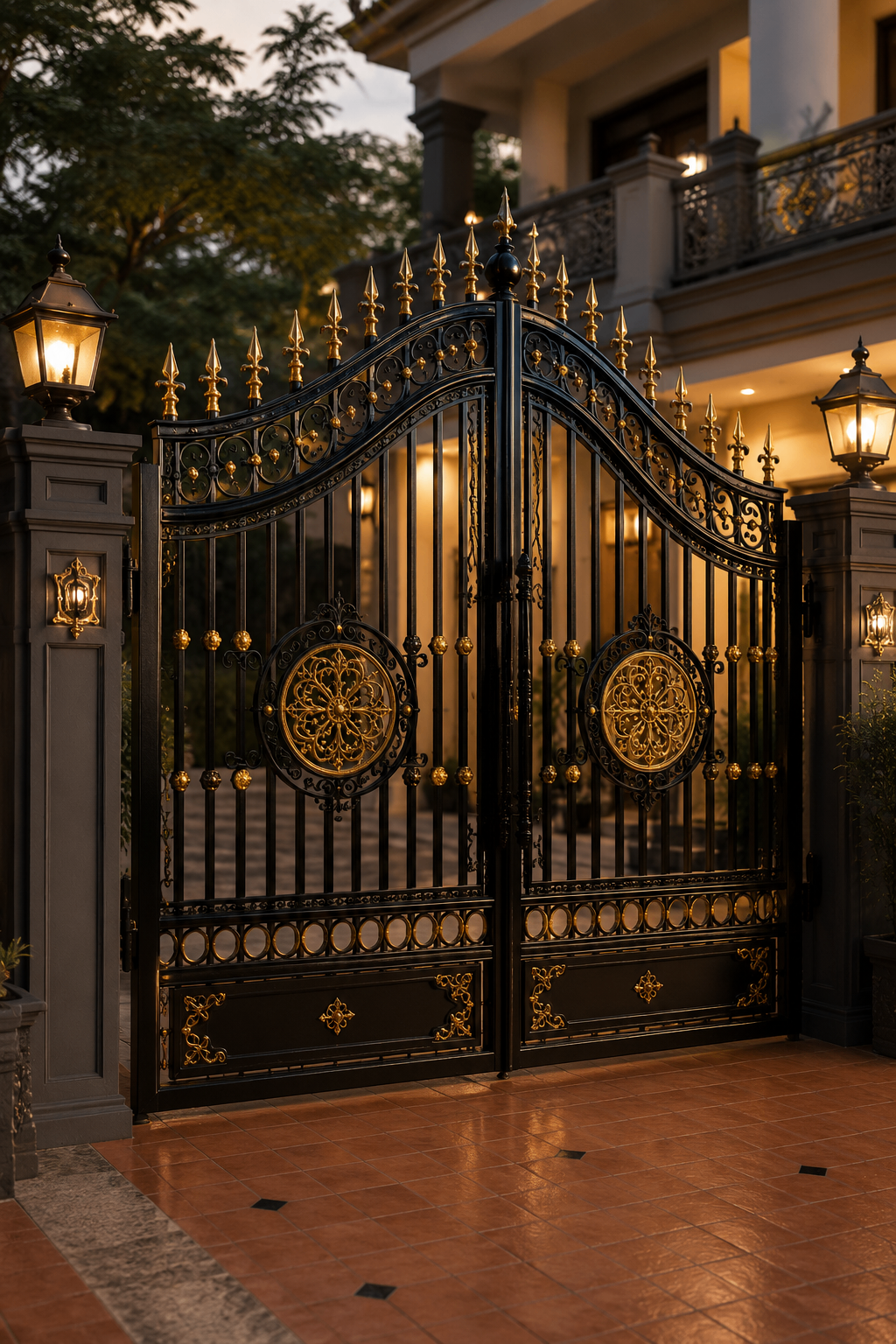 Black and gold ornate metal gate at evening