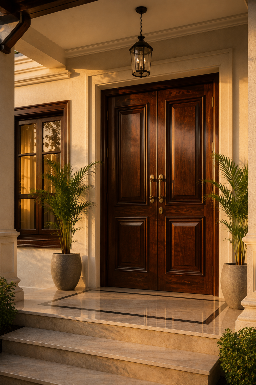 Rich brown wooden doors and windows with marble steps